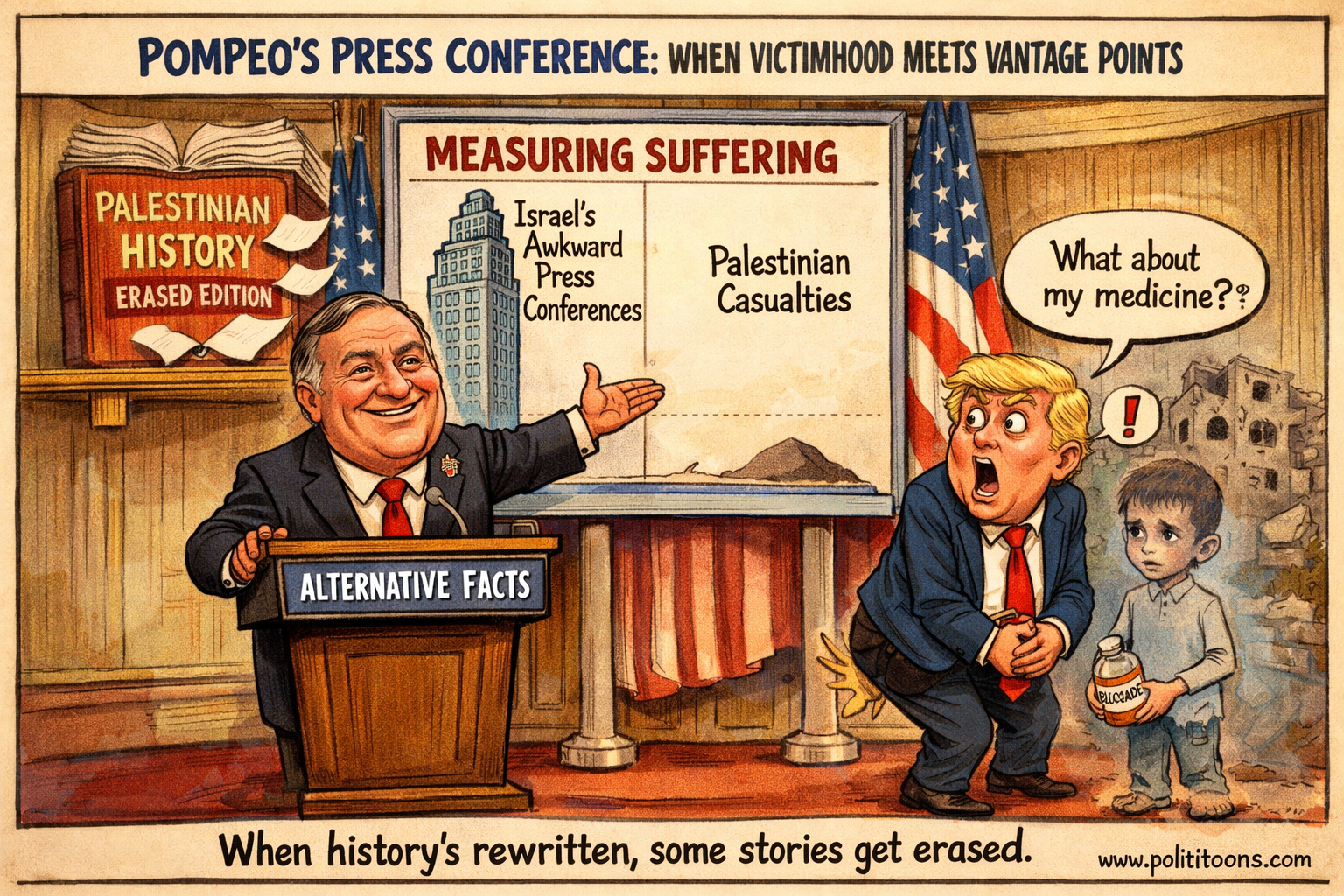 A man at a lectern labeled 'Alternative Facts' gestures towards a chart comparing 'Israel's Awkward Press Conferences' to 'Palestinian Casualties.' Another man looks shocked, holding a bottle labeled 'What about my medicine?' A child stands nearby with a teddy bear, next to a shelf labeled 'Palestinian History Erased Edition.'