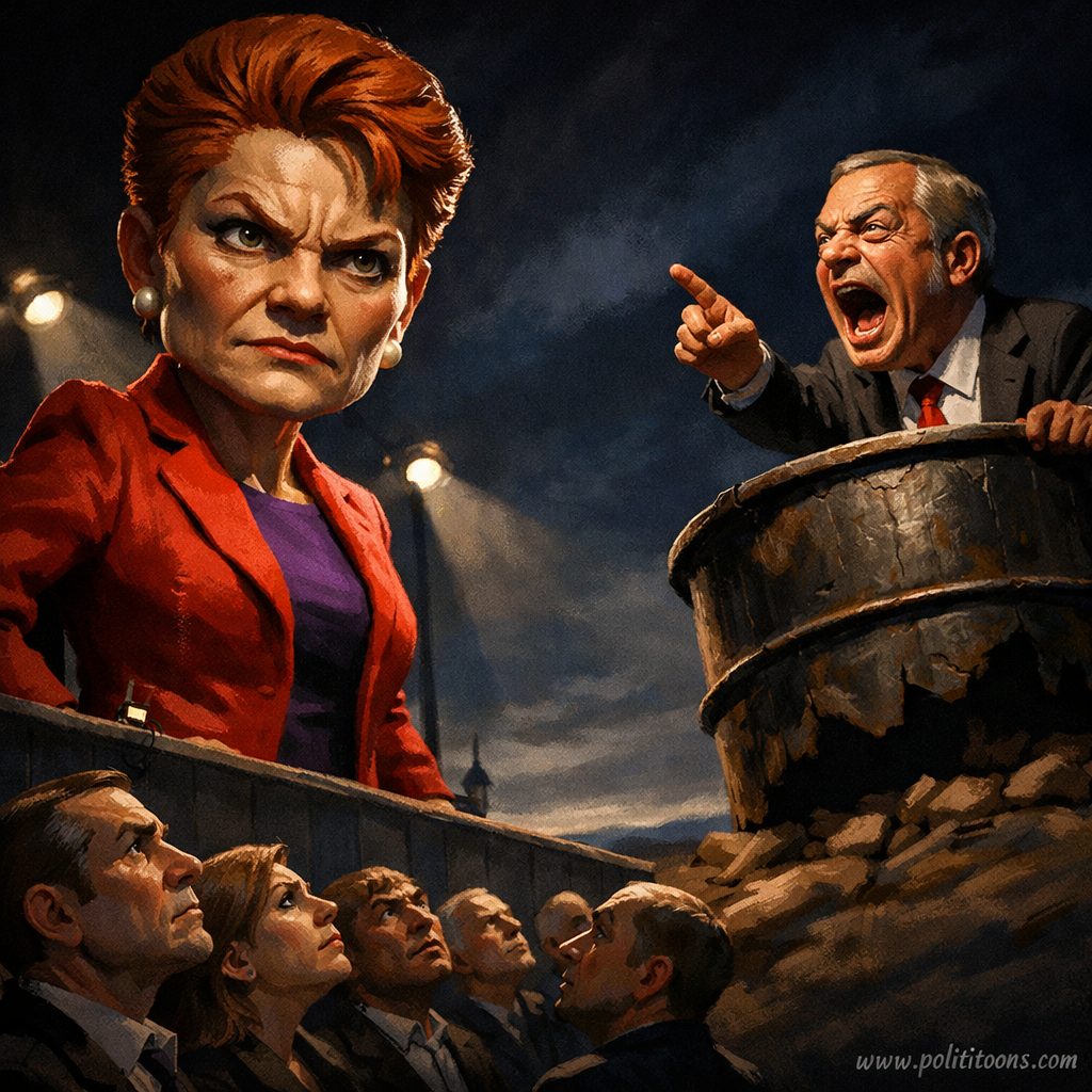 A claymation-style figure of a woman with red hair and a stern expression towers over a group of smaller figures looking up at her. A man in a barrel points and shouts from the side.