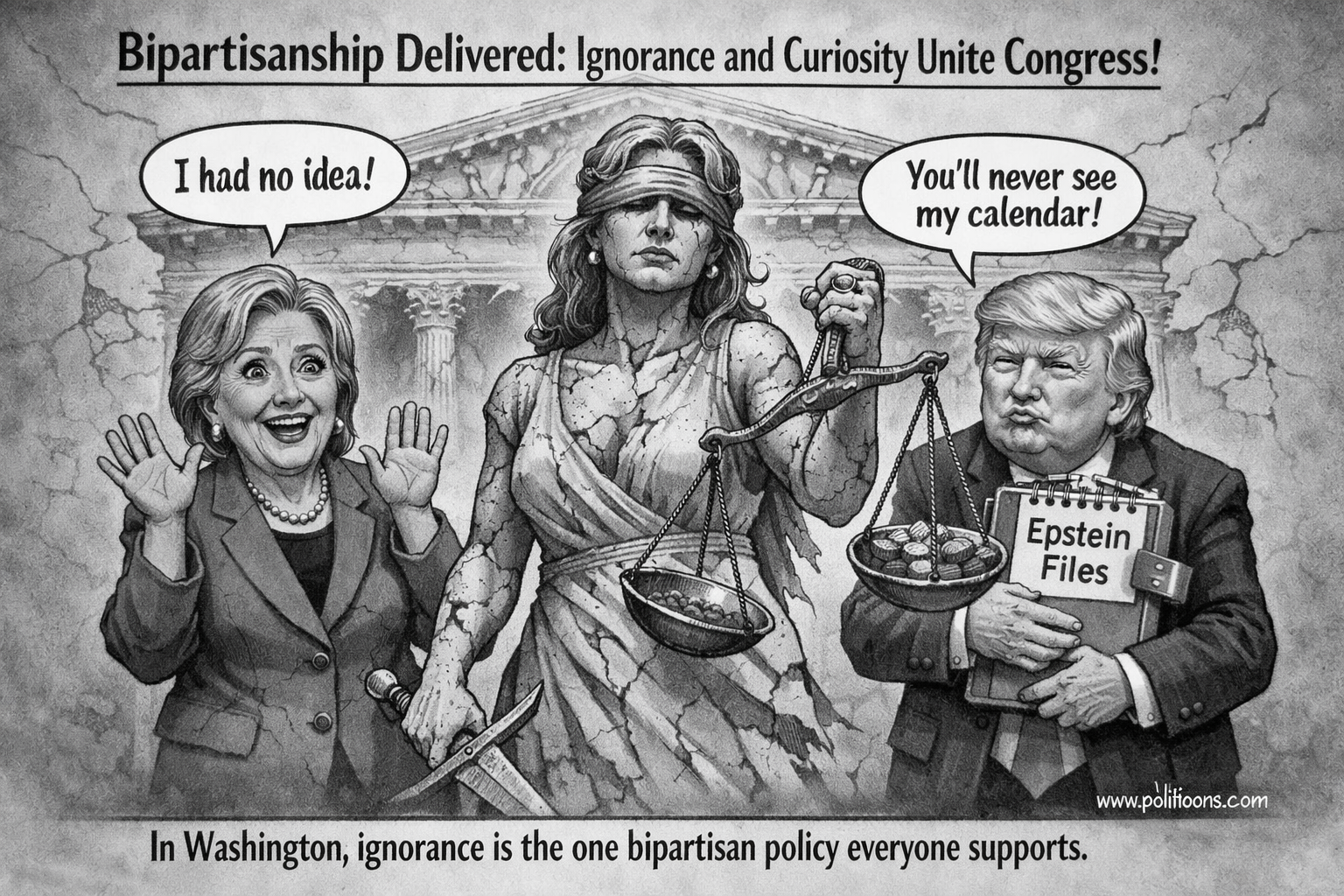 A cartoon shows a blindfolded Lady Justice holding scales, flanked by a woman raising her hands saying 'I had no idea!' and a man clutching a folder labeled 'Epstein Files' saying 'You'll never see my calendar!'
