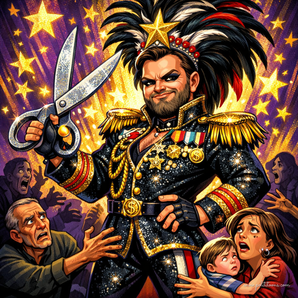 A caricatured figure in a flamboyant, star-studded military outfit holds oversized scissors, surrounded by distressed people reaching out.