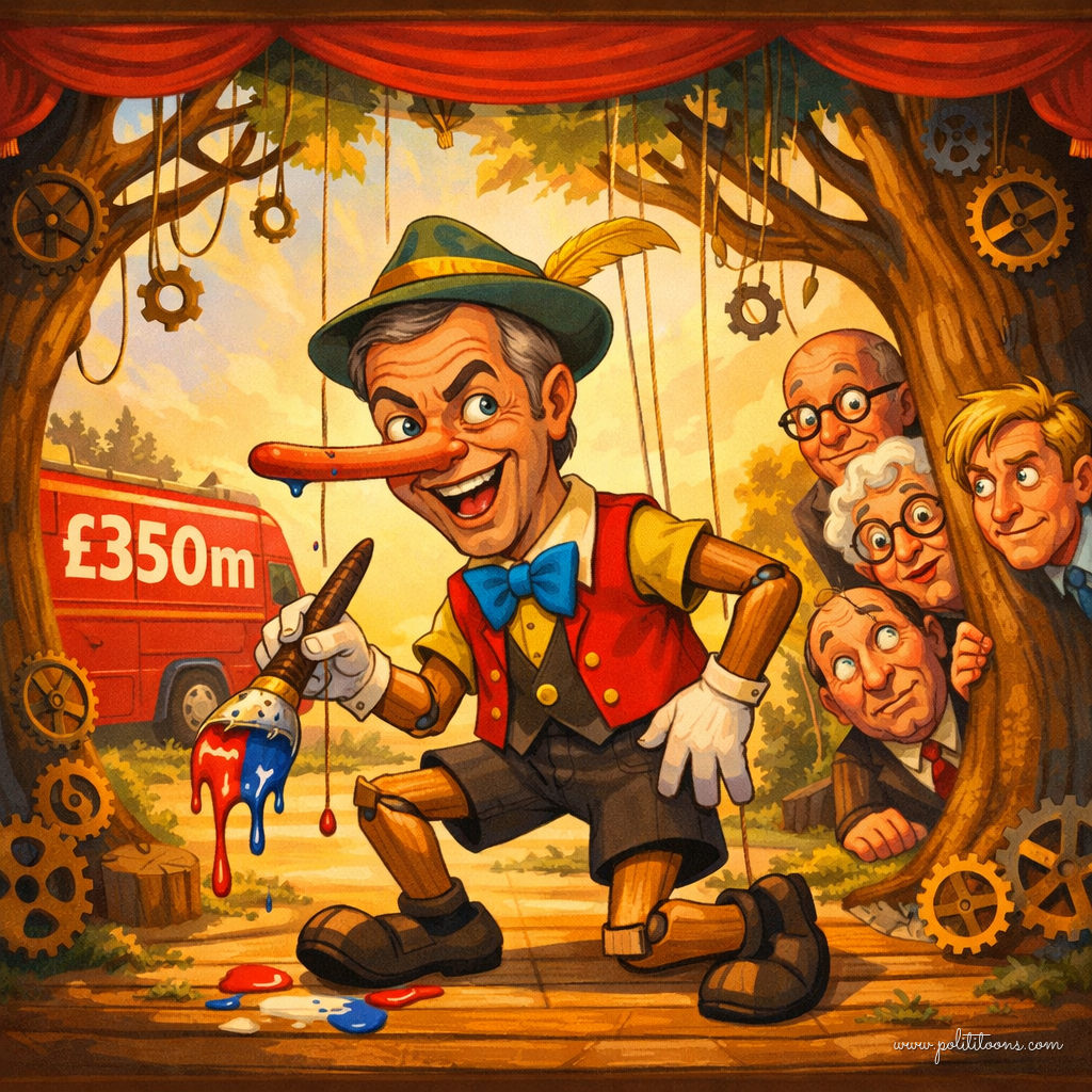 A puppet with a long nose paints a path red and blue, while four men peek from behind trees. A red van with '£350m' is in the background.