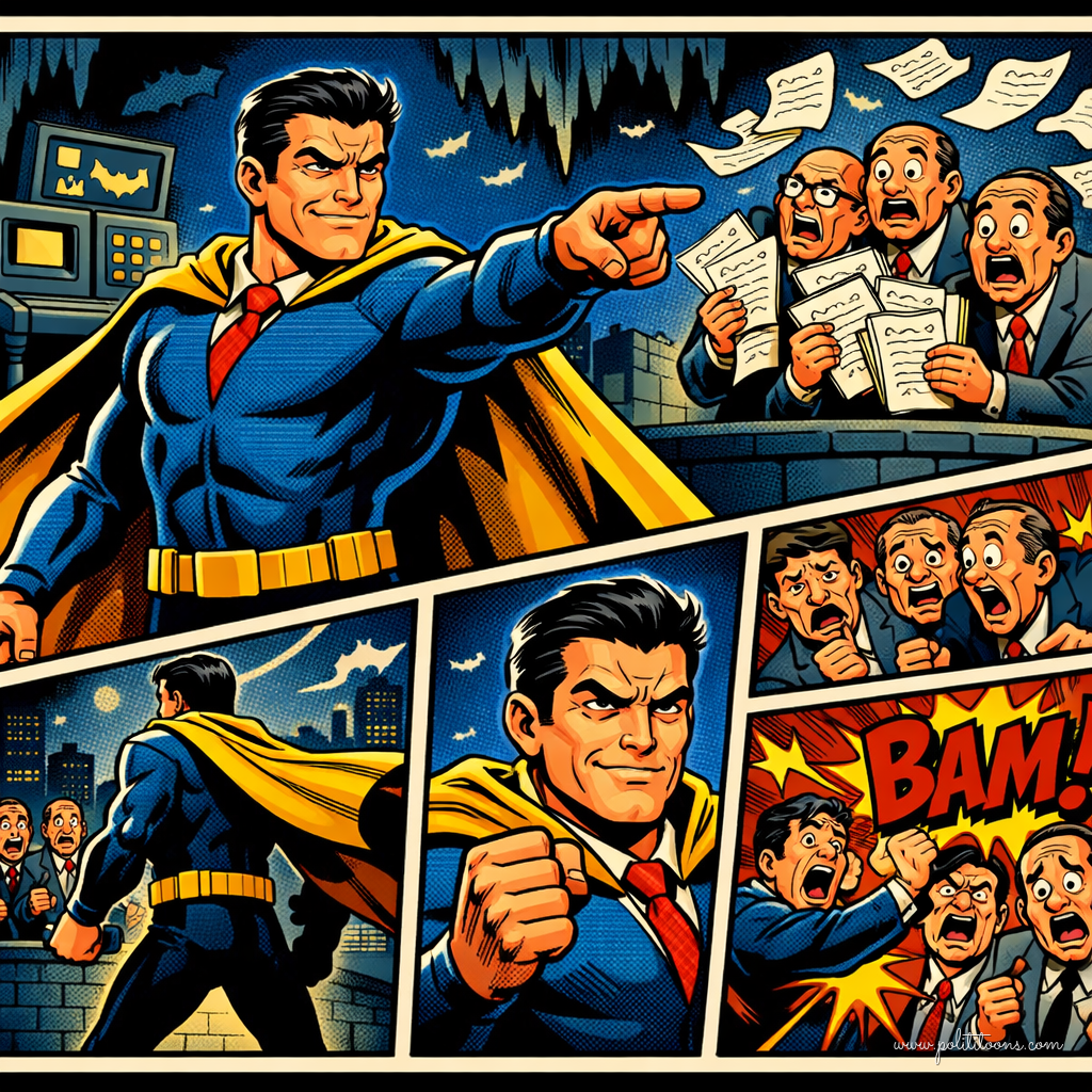 A superhero-like figure in a blue suit and yellow cape points dramatically at a group of startled men holding papers, with comic-style action panels.