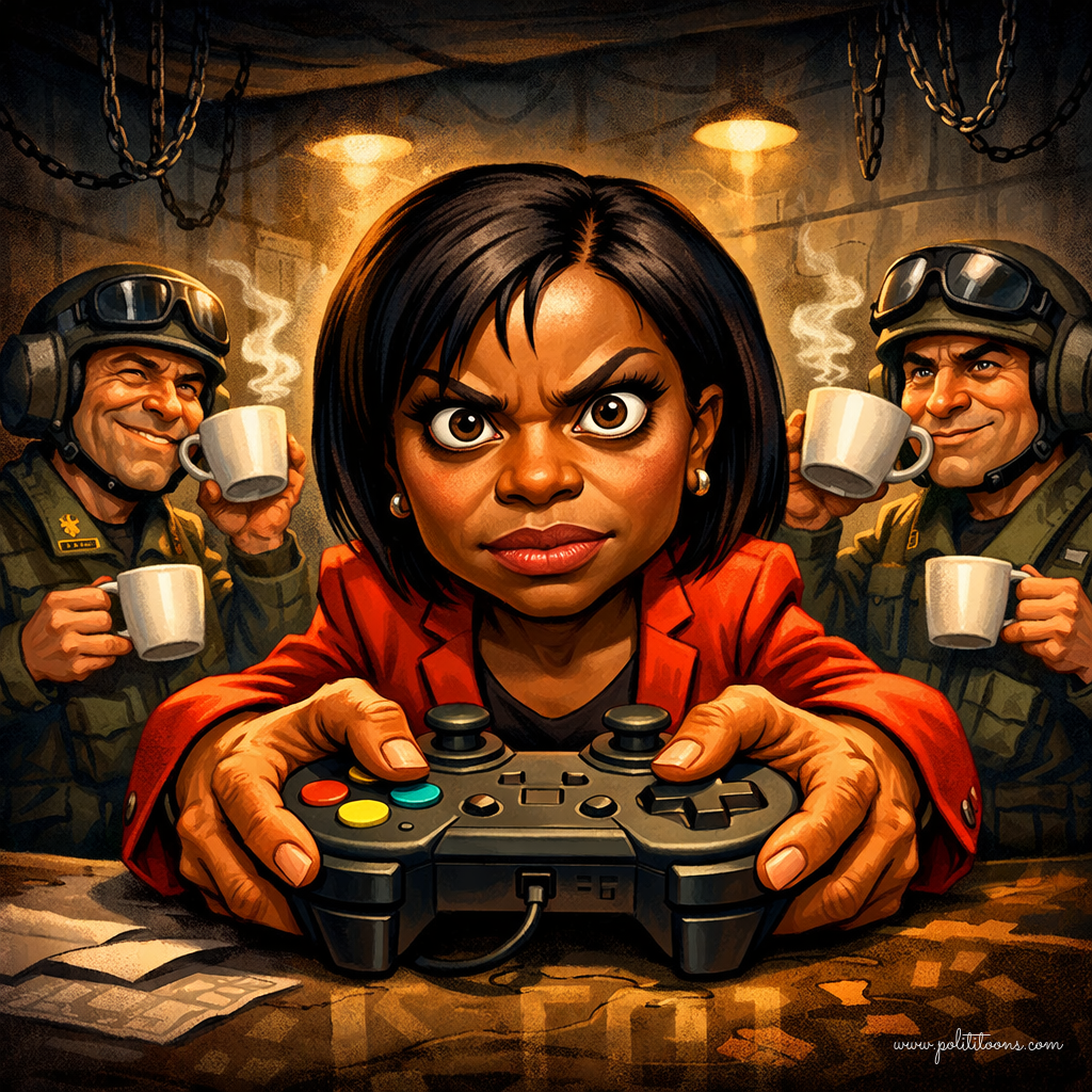 A caricature of a woman in a red blazer holds a video game controller, with two soldiers in helmets drinking tea in the background.