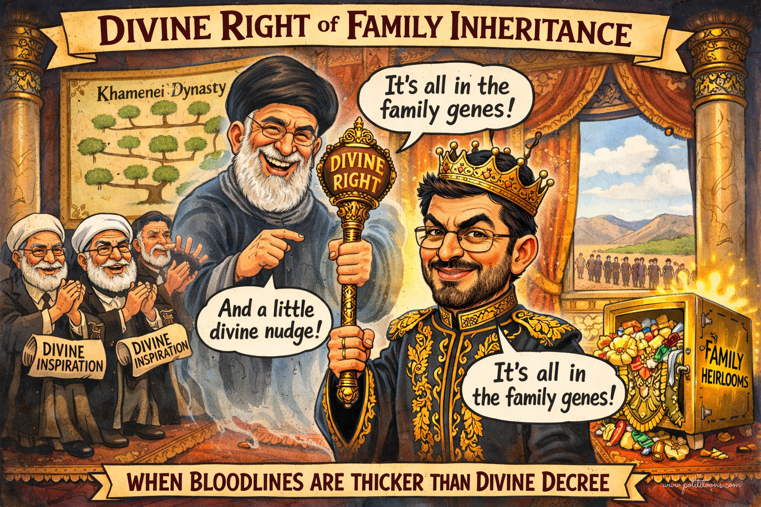 A man in royal attire holds a scepter labeled 'Divine Right' with a speech bubble saying, 'It's all in the family genes!' Behind him, an older man in religious garb points at a family tree labeled 'Khamenei Dynasty,' while two men hold signs reading 'Divine Inspiration.' A chest labeled 'Family Heirlooms' is open, filled with similar scepters.