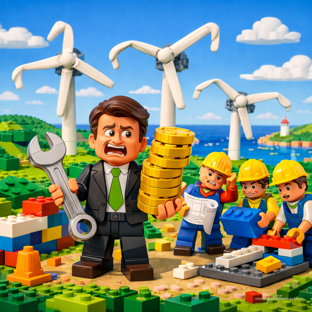 A claymation-style businessman holds a large wrench and a stack of coins, standing in front of wind turbines. Nearby, construction workers in hard hats appear to be building with toy blocks.
