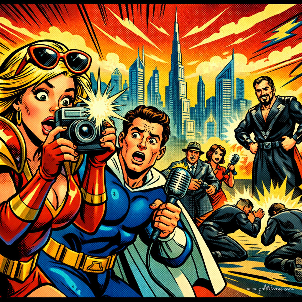 A retro-style cartoon shows a woman with a camera and a man in a superhero costume looking shocked in a cityscape with skyscrapers. In the background, people in suits crouch as another man in a dark coat stands confidently.