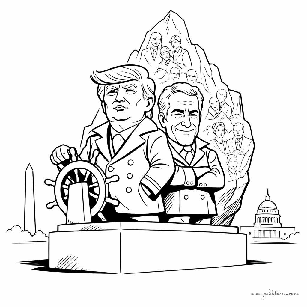 A minimalist-line cartoon depicts a statue of two men resembling Trump and Epstein on a pedestal, with Trump at a ship's wheel and Epstein standing beside him. Behind them is an iceberg with faces etched into it, set between the Washington Monument and the Capitol building.