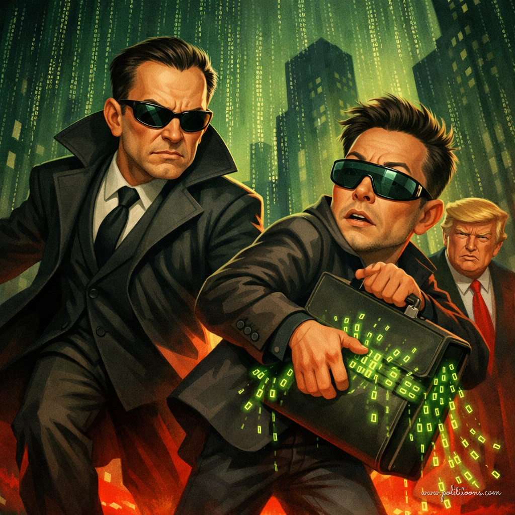Two men in suits and sunglasses hold a briefcase emitting green digital code, with a cityscape in the background and a third man in a suit watching.