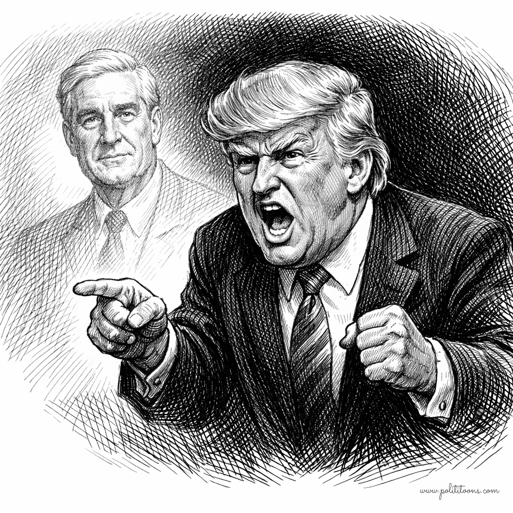 A ghostly figure resembling Robert Mueller stands calmly in the background, while a man resembling Donald Trump angrily points and shouts in the foreground.