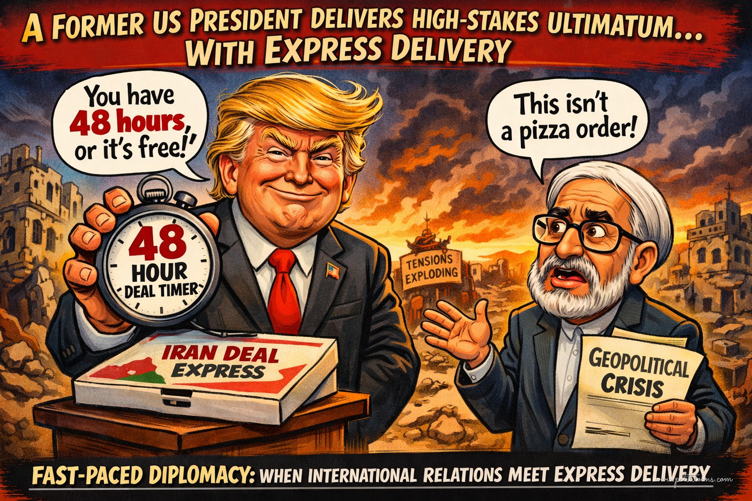 A former US president stands next to a timer labeled '48 Hour Deal Timer' on a package marked 'Iran Deal Express,' while a Middle Eastern leader holds a folder labeled 'Geopolitical Crisis' in a cityscape with explosions.