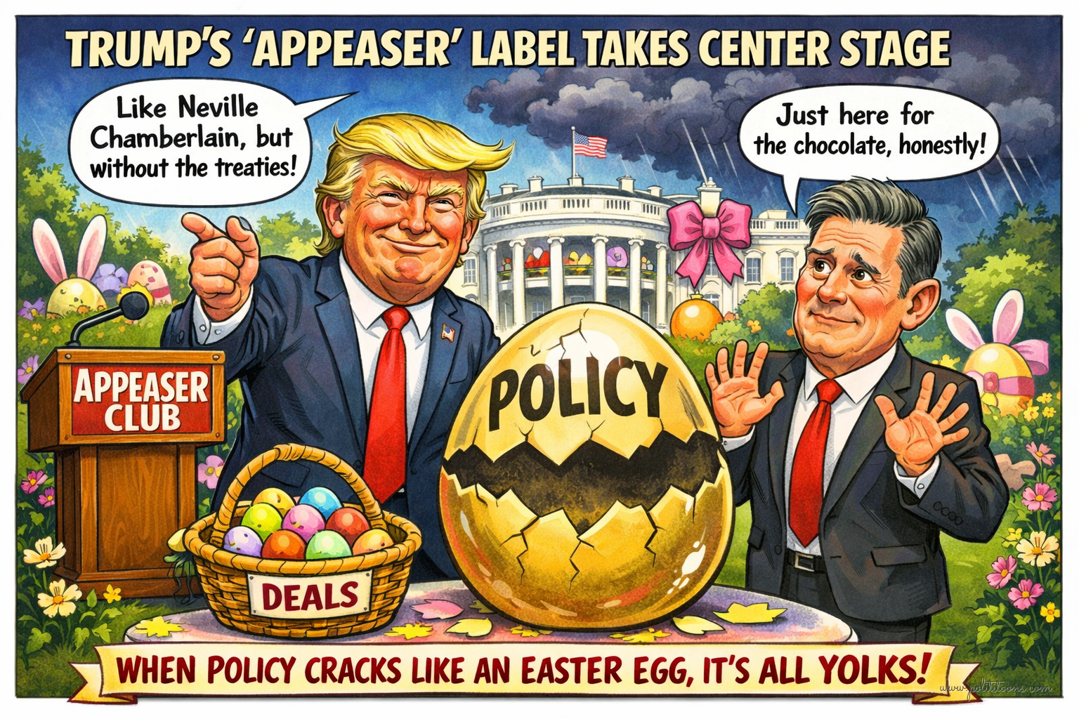 A cartoon shows Trump and a man in front of the White House. Trump stands beside a basket labeled 'Deals,' while the man gestures near a cracked egg labeled 'Policy.'