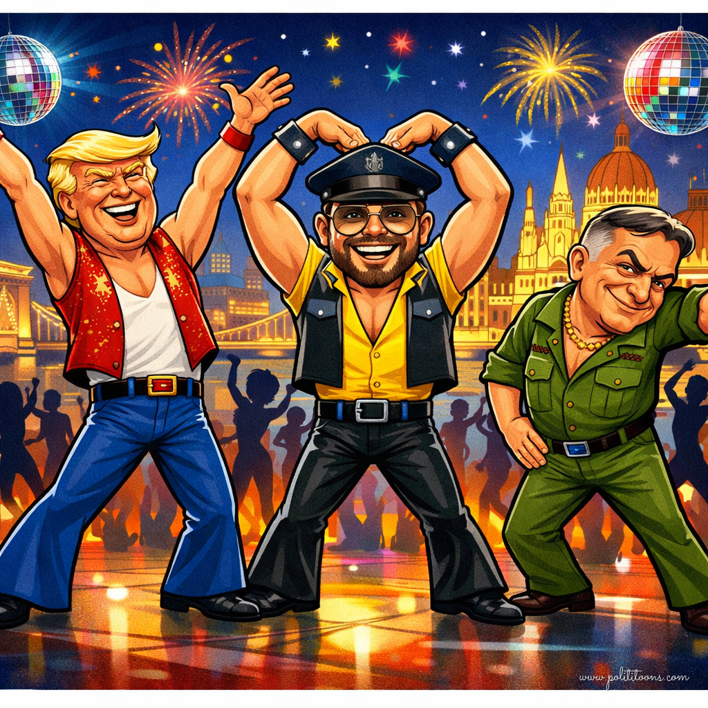 Three men in disco attire dance energetically under disco balls, with a cityscape and silhouetted crowd in the background.