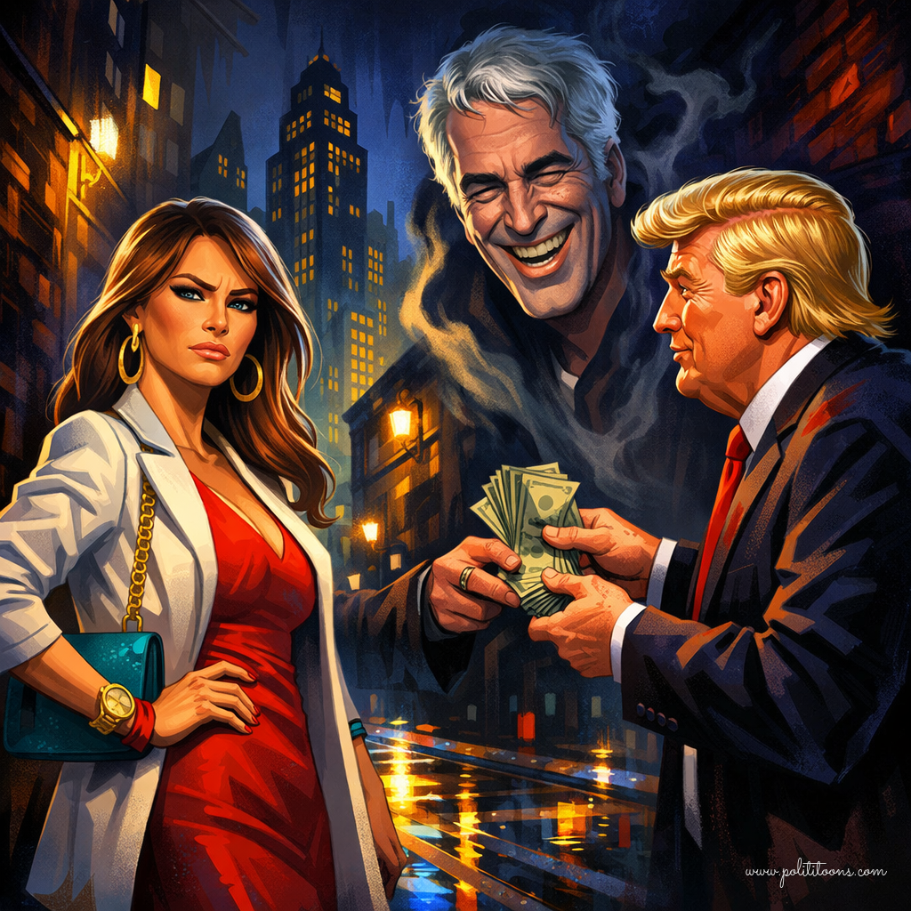 A woman in a red dress and white jacket stands with arms crossed, while a man with distinctive hair hands money to a ghostly figure resembling Jeffrey Epstein in a dark city alley.