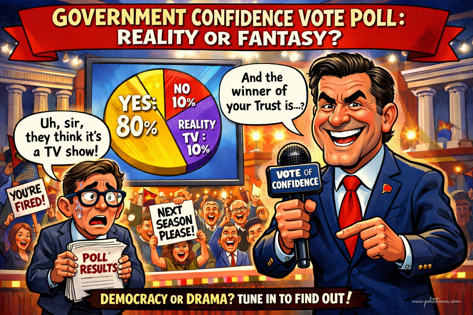 A politician holds a 'Vote of Confidence' microphone, smiling broadly. Beside him, a nervous aide holds 'Poll Results' showing 80% 'Yes,' 10% 'No,' and 10% 'Reality TV.'